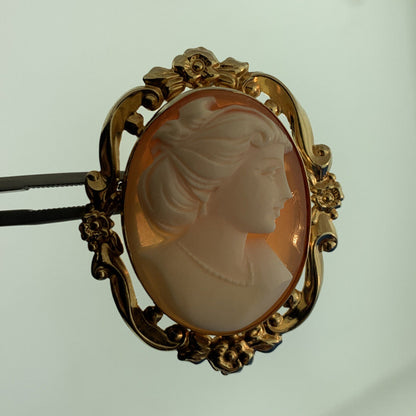 Estate 14K Yellow Gold Carved Cameo Floral Scroll Bezel Pin Brooch Pendant