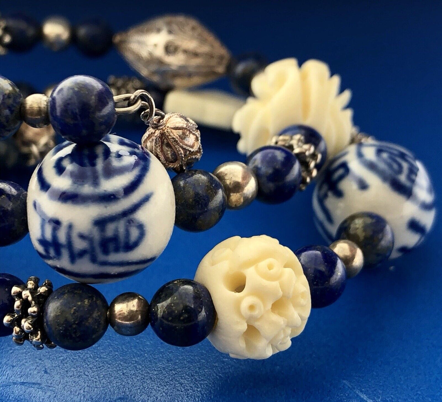 Sterling Silver 925 Lapis Ceramic Carved Cloisonne Bead Three Wrap Bracelet