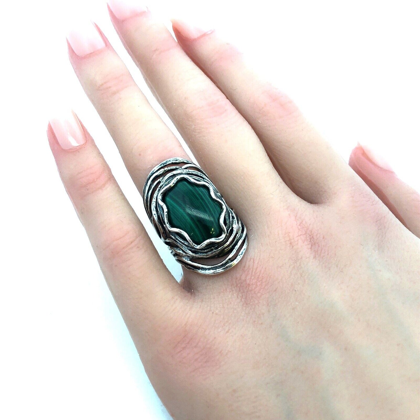 Israel Designer Didae 925 Sterling Silver Oval Malachite Cabochon Statement Ring