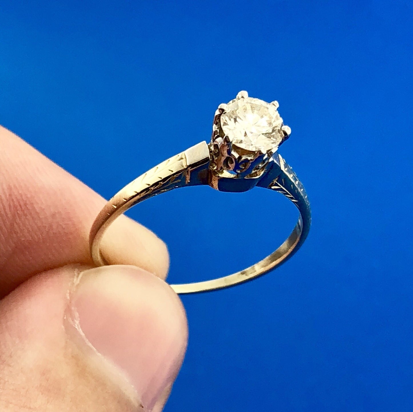 Art Deco Art Nouveau 14K Yellow White Gold Diamond Solitaire Engagement Ring