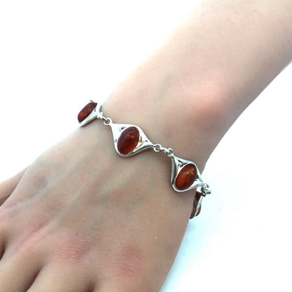 Modernist 925 Sterling Silver Oval Amber Cabochon Link Tennis Bracelet