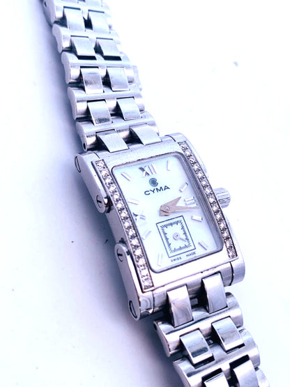 Vintage Cyma Le Locle Stainless Steel Mother Of Pearl Dial Diamond Accent Watch