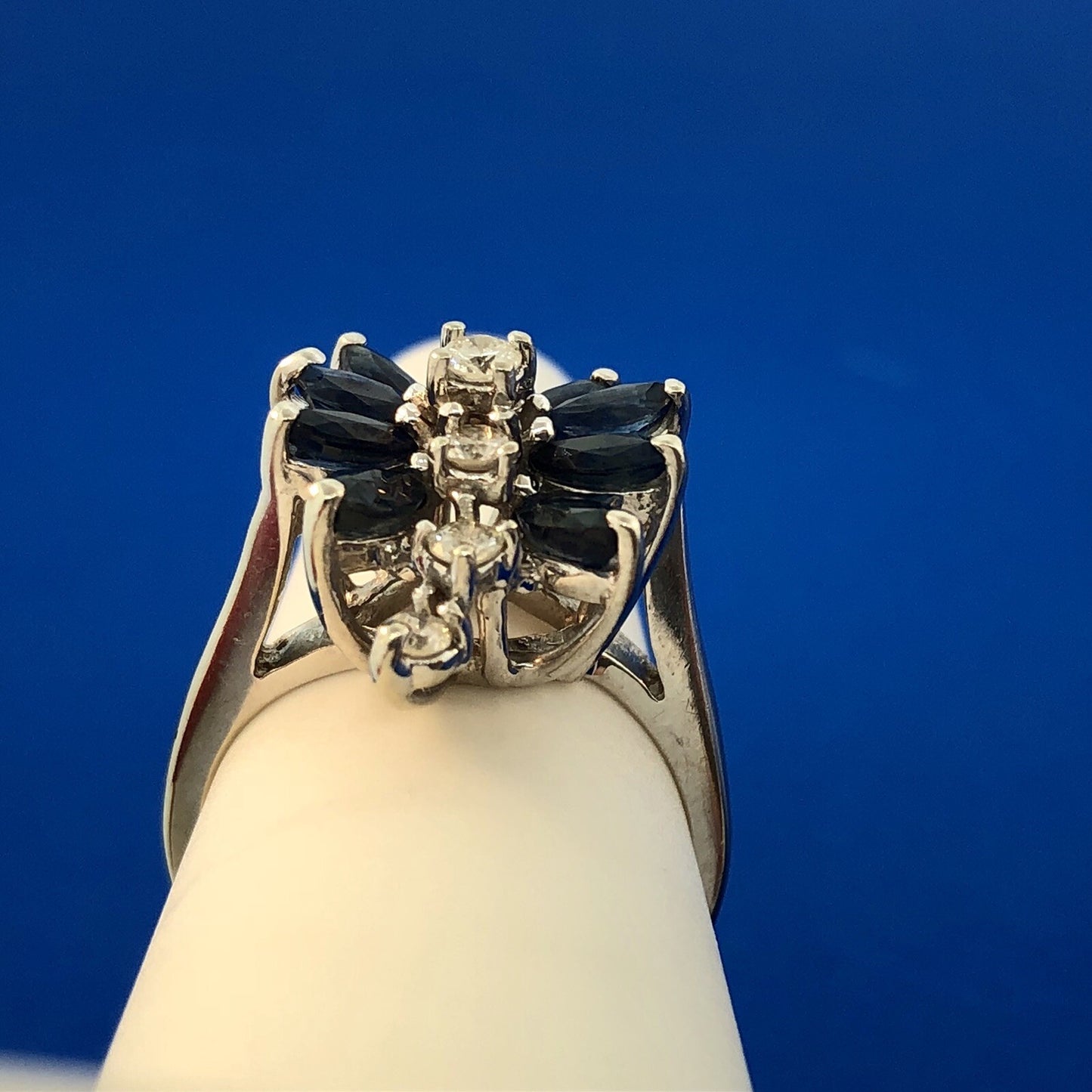 Vintage 14K White Gold Diamond Sapphire Waterfall September Anniversary Ring