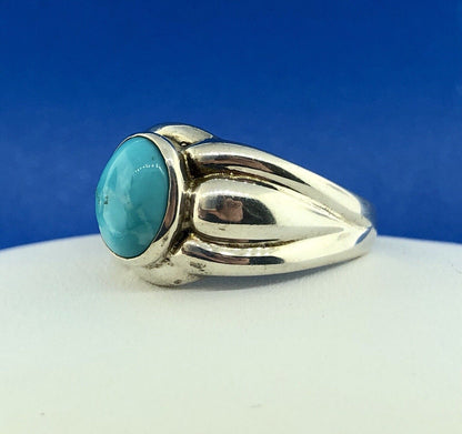 Designer OIM Sterling Silver 925 Oval Turquoise Modernist Ribbed Design Ring