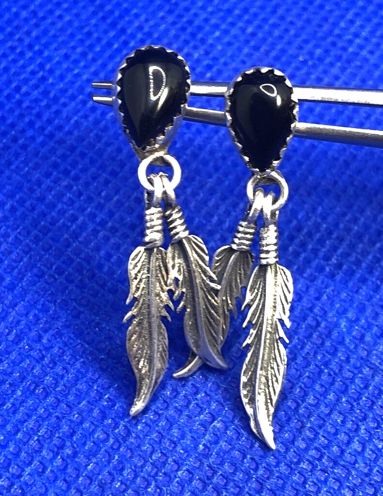 Designer STG 925 Sterling Silver Black Onyx Feather Dangle Drop Stud Earrings