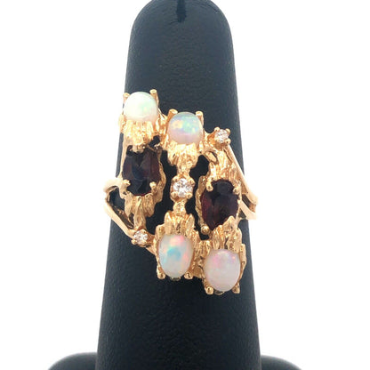 Vintage 14K Yellow Gold Diamond Garnet Opal Free Form Statement Cocktail Ring