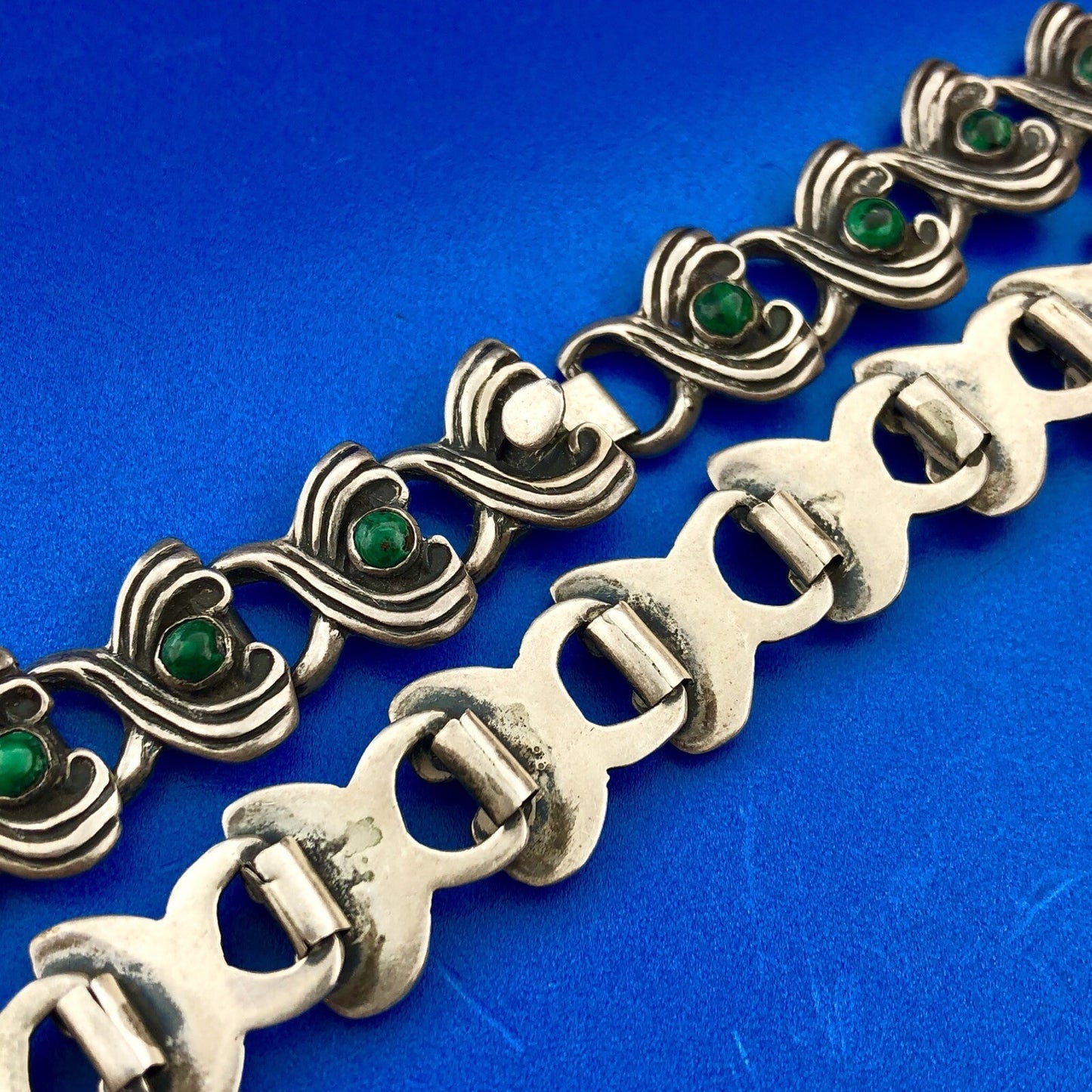Mid Century Taxco Mexico 925 Sterling Silver Malachite Scroll Panel Necklace