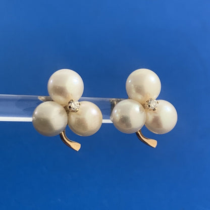 Vintage 14K Yellow Gold Pearl Trio Grape Cluster Diamond Accented Stud Earrings
