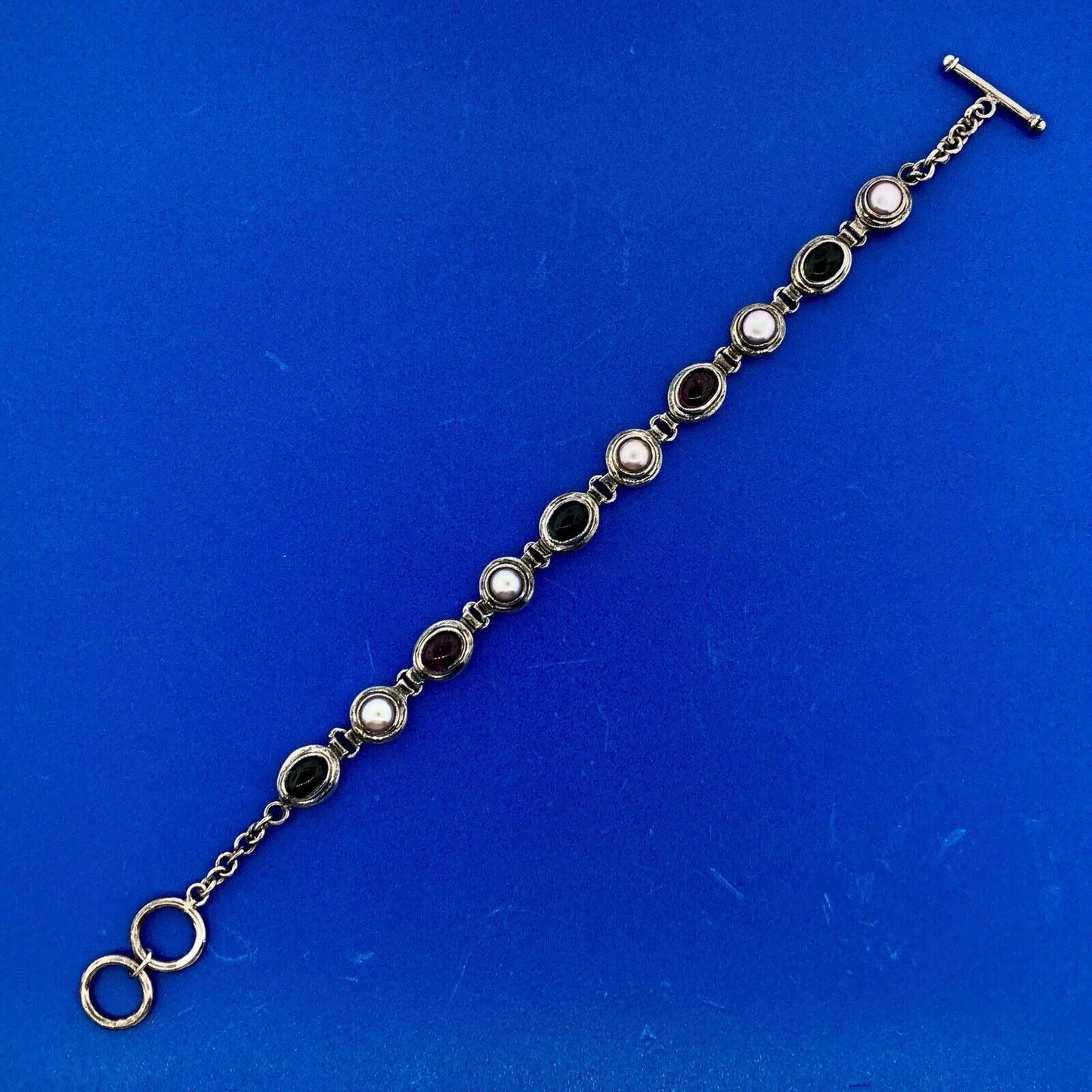 Retro Sterling Silver 925 Green Purple Amethyst Pearl February Toggle Bracelet