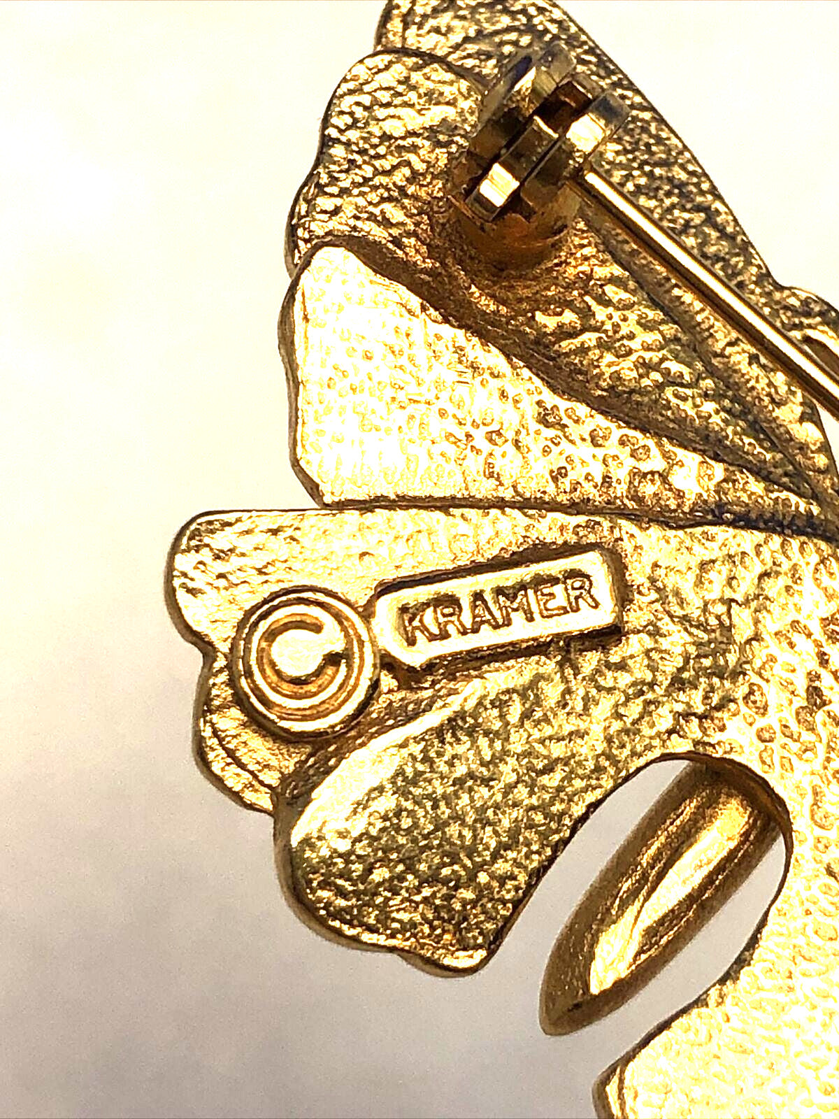 Vintage Designer Kramer Gold Tone Faux Pearl Black Enamel Moth Butterfly Brooch