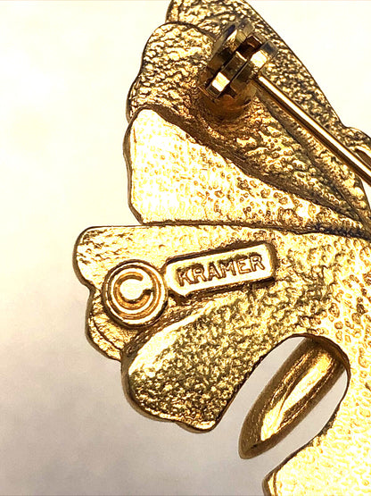 Vintage Designer Kramer Gold Tone Faux Pearl Black Enamel Moth Butterfly Brooch