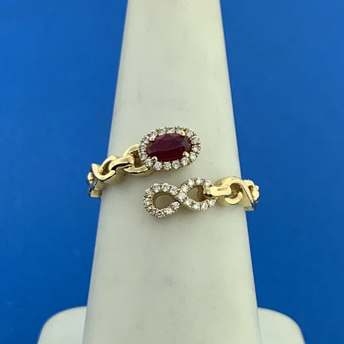 IZI Creations 14K Yellow Gold Oval Ruby Diamond Accented Open Band Bypass Ring