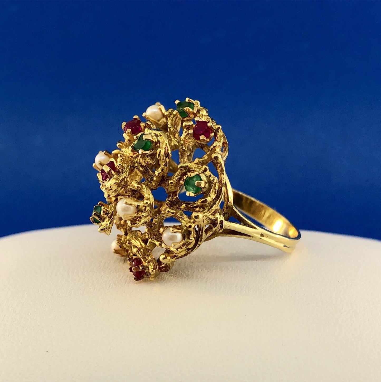 Vintage 18K Yellow Gold Ruby Emerald Pearl Christmas Tiered Dome Cocktail Ring