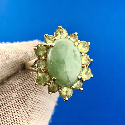 Designer EA 14K Yellow Gold Jade Cabochon Peridot Halo August Anniversary Ring