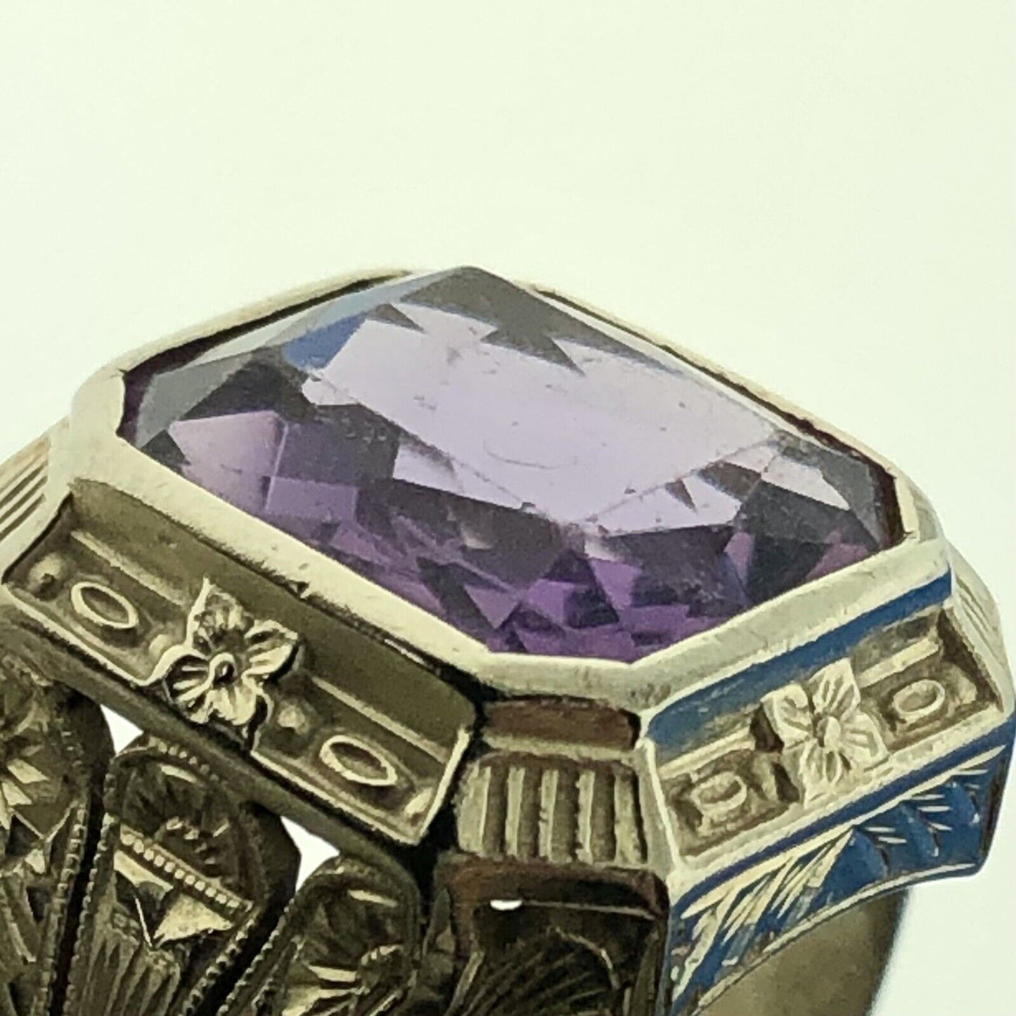 Gorgeous 14k White Gold Radiant Purple Amethyst Floral Pedestal Ring Size 8.25