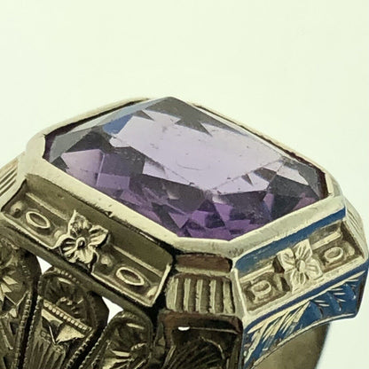 Gorgeous 14k White Gold Radiant Purple Amethyst Floral Pedestal Ring Size 8.25