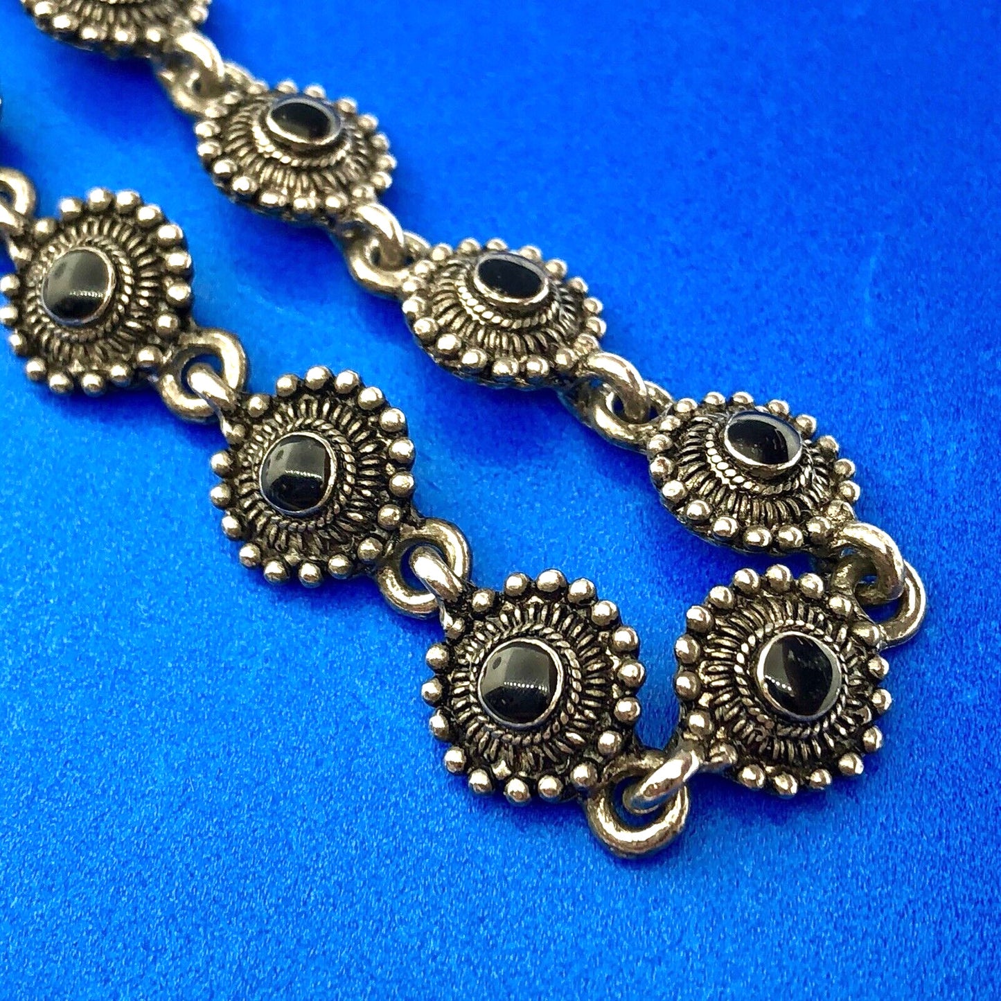 Charming Silver Tone Black Onyx Cabochon Floral Petite Bead Panel Bracelet