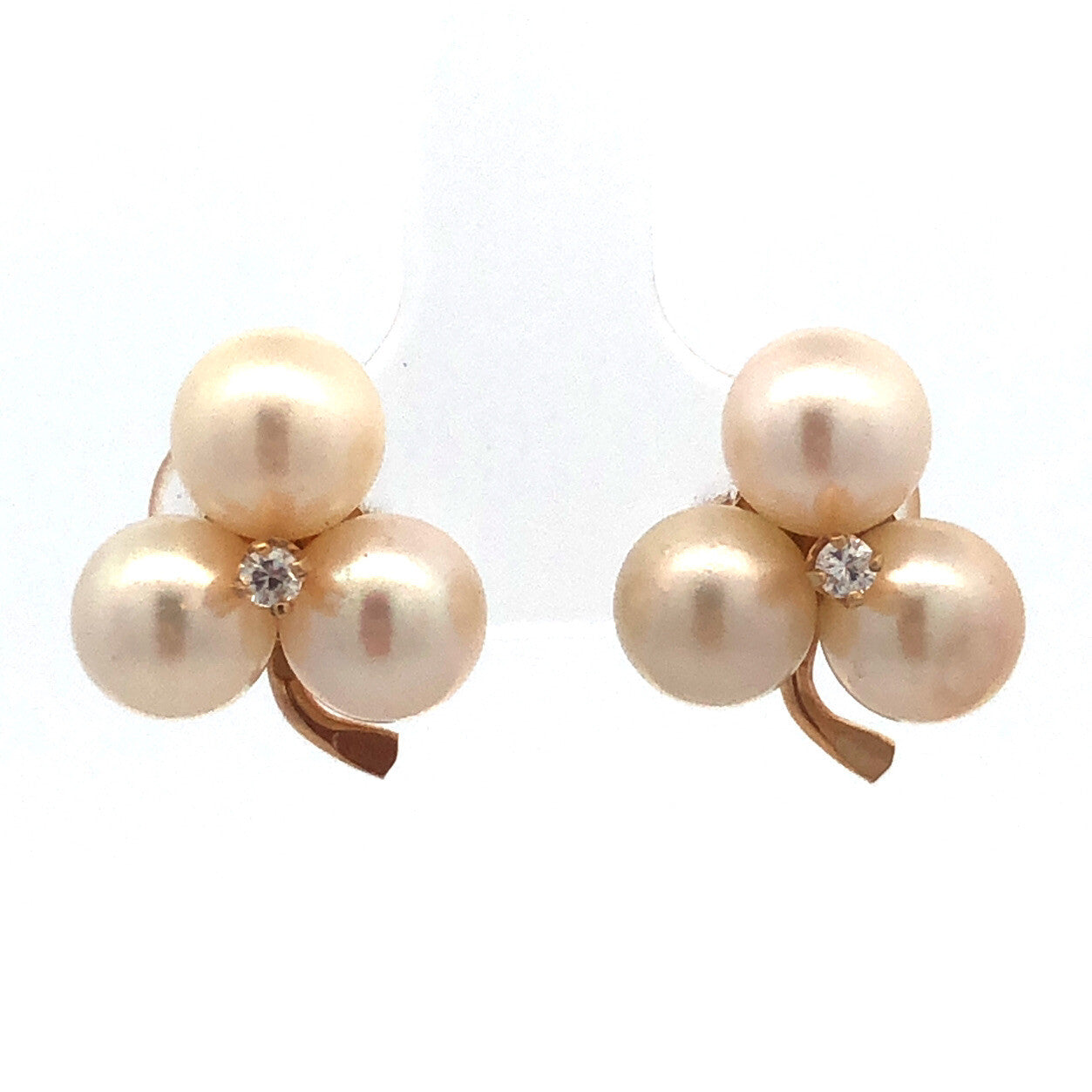Vintage 14K Yellow Gold Pearl Trio Grape Cluster Diamond Accented Stud Earrings