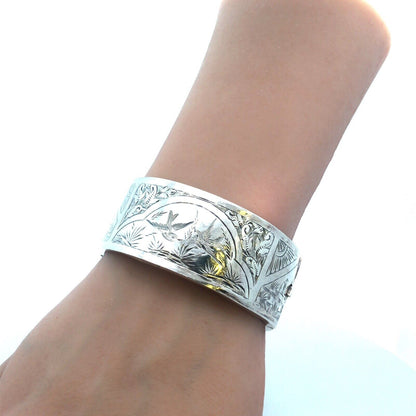 Vintage 925 Sterling Silver Wide Bird Nature Detail Hinged Cuff Bracelet