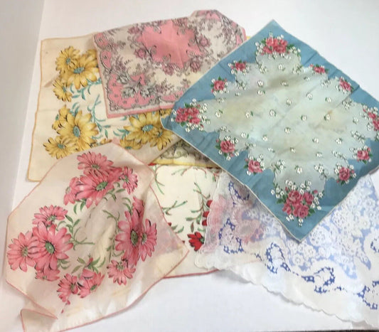 Vintage 7 Item Lot Floral Paisley Ladies Embroidered Edge Handkerchiefs