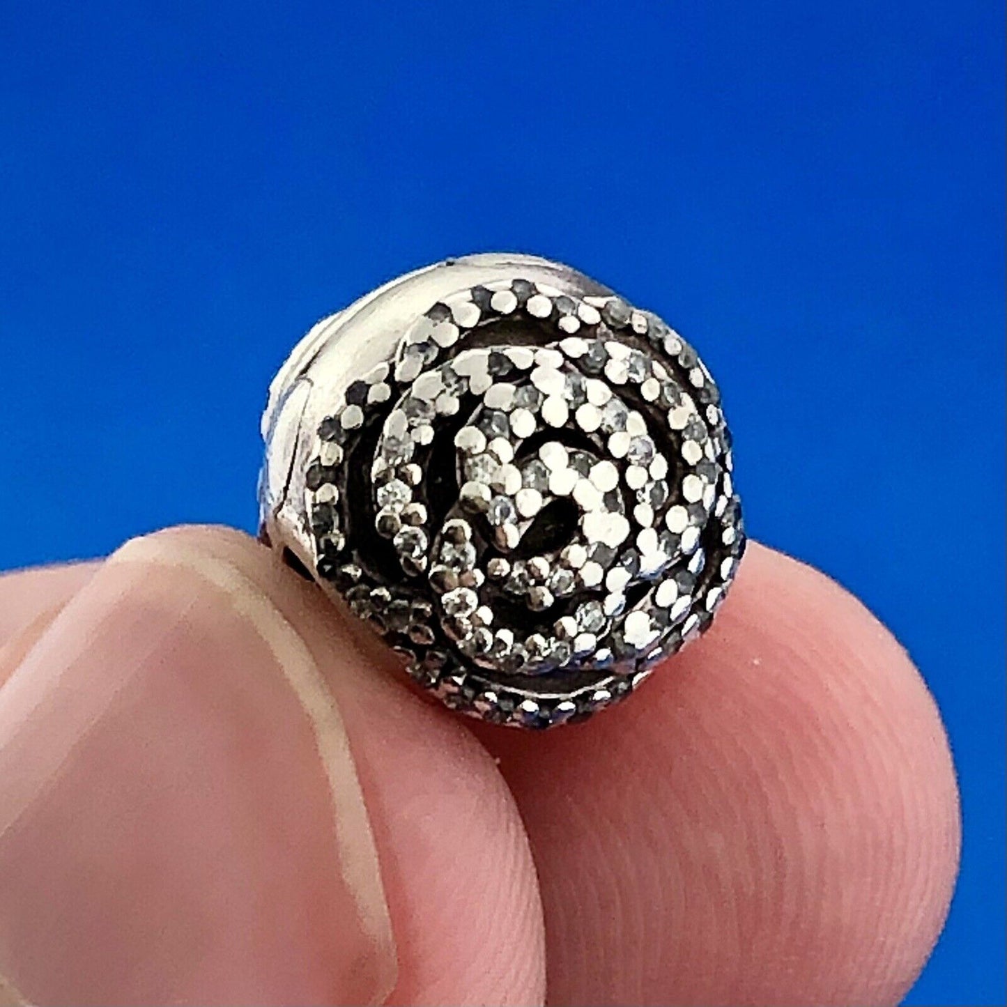 Designer Sterling Silver 925 White CZ Tangled Flower Pattern Bead Charm