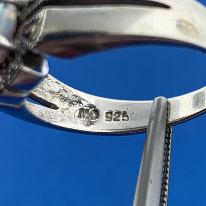 Designer CII Mexico Sterling Silver 925 Opal Marcasite Flower Design Ring