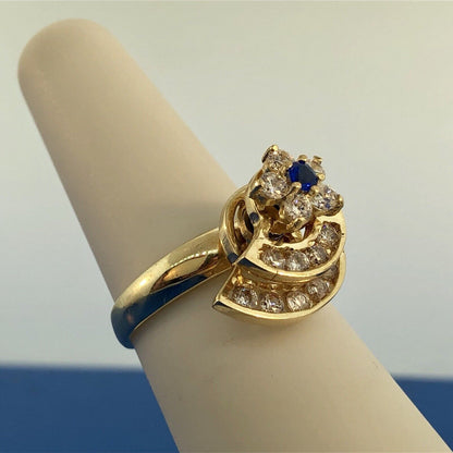 Retro 10K Yellow Gold Blue White Cubic Zirconia Star Comet Spinner Ring