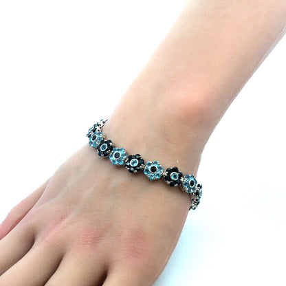 Designer 925 Sterling Silver Round Blue Topaz Sapphire Floral Tennis Bracelet
