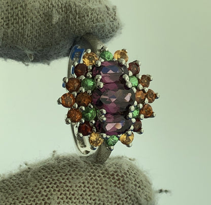 Sterling Silver Pink Tourmaline Peridot Citrine Cluster Cocktail Ring