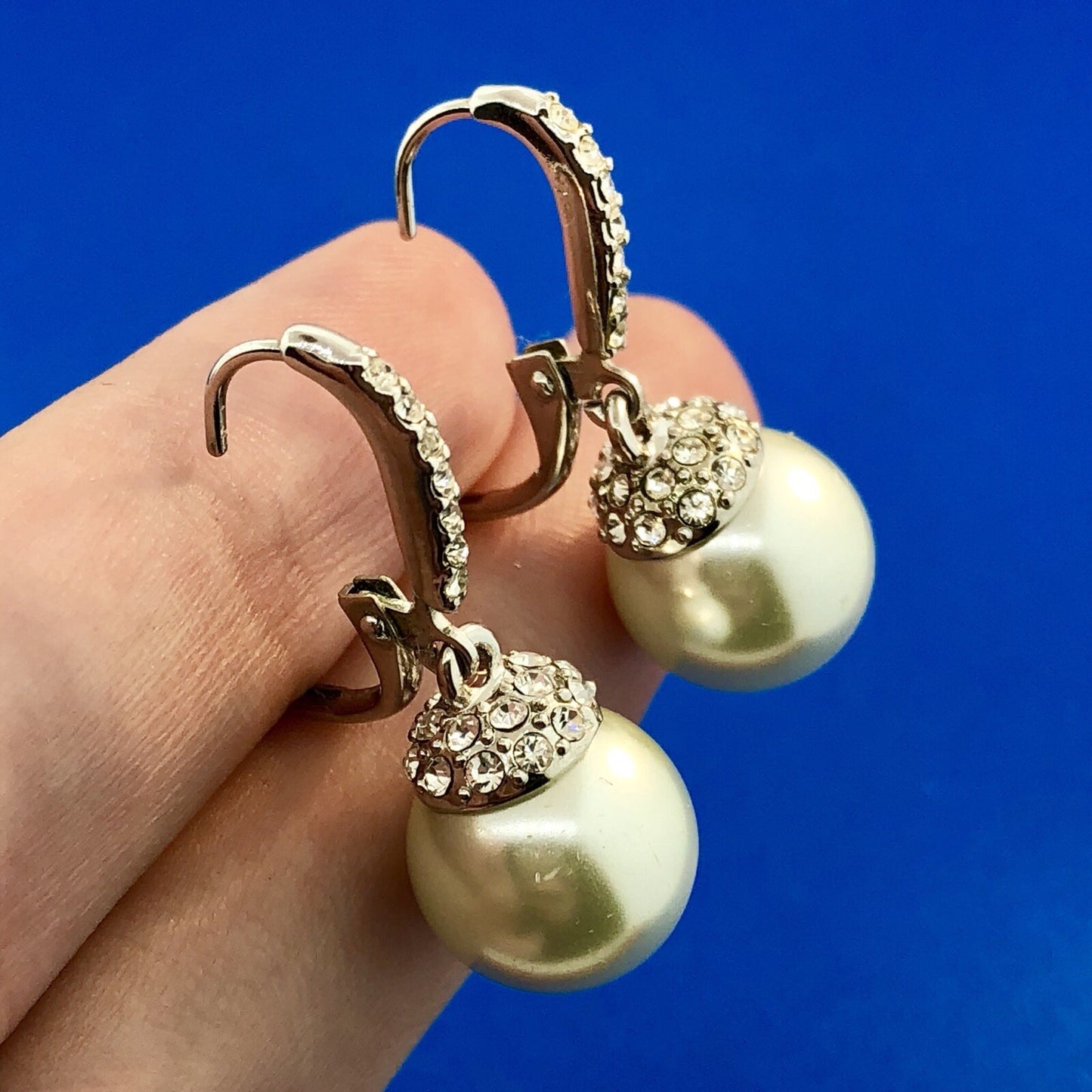 Elegant Silver Tone Faux Pearl Cubic Zirconia Drop Dangle Ball Earrings