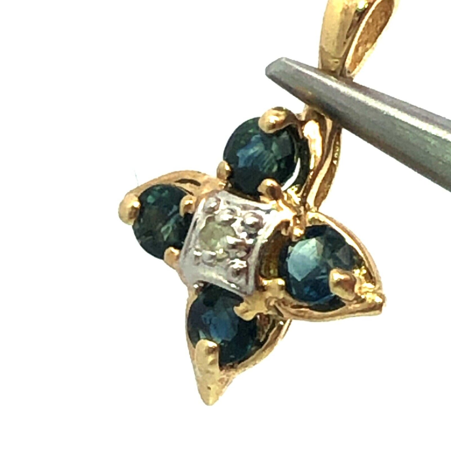 Designer 10K Yellow Gold Blue Round Spinel Diamond Flower Petite Pendant