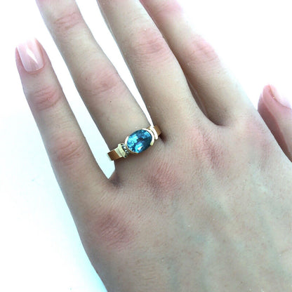 Estate Designer 14K Yellow Gold Oval Blue Topaz Diamond Accented Cocktail Ring