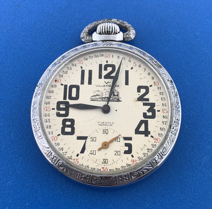 Vintage Villereuse Train Stainless Steel 17 Jewels Incabloc Swiss Pocket Watch