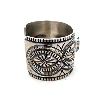 Native American Picto Signed Sterling Silver Turquoise Statement Cuff Bracelet