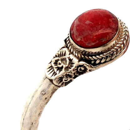 SARDA Sterling Silver Red Coral Radiant Roses Tip to Tip Hinged Cuff Bracelet