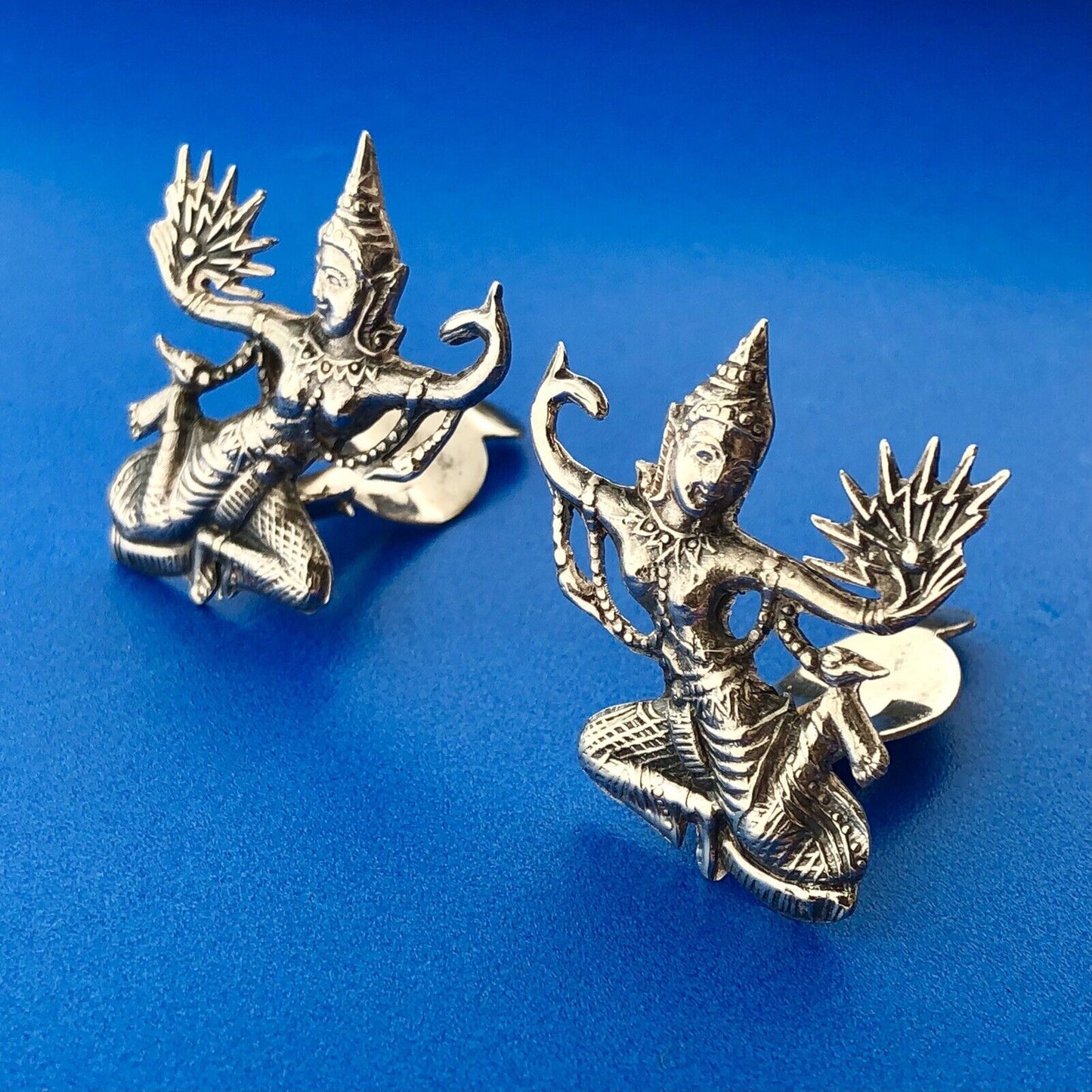 Estate Siam 925 Sterling Silver Dancing Buddha Fan Fertility Clip Earrings