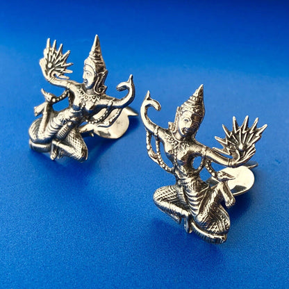 Estate Siam 925 Sterling Silver Dancing Buddha Fan Fertility Clip Earrings