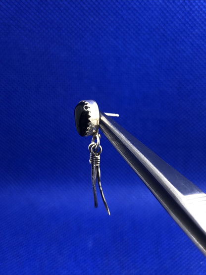 Designer STG 925 Sterling Silver Black Onyx Feather Dangle Drop Stud Earrings