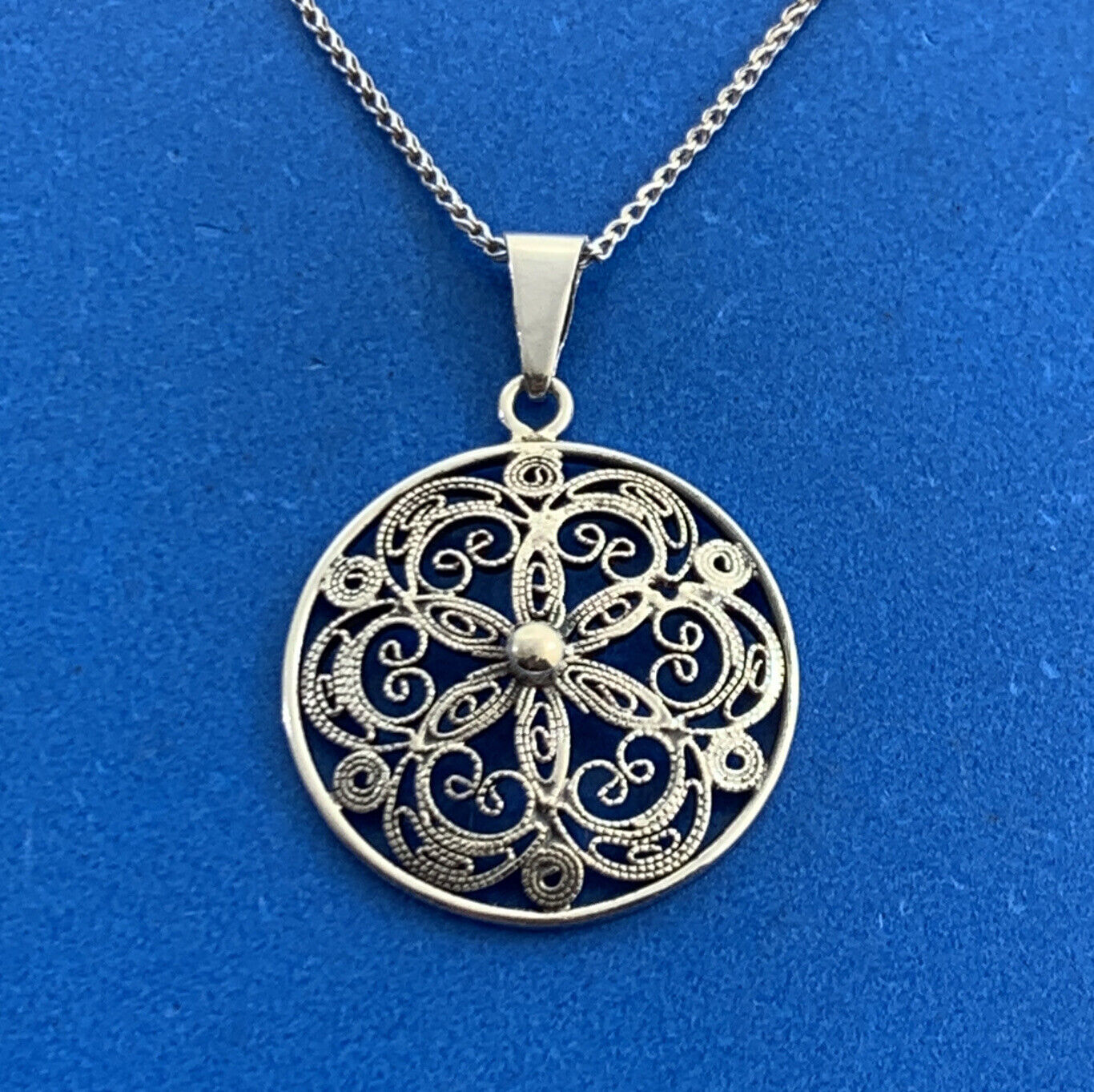 Vintage 835 Fine Silver Bead Scroll Floral Filigree Medallion Necklace