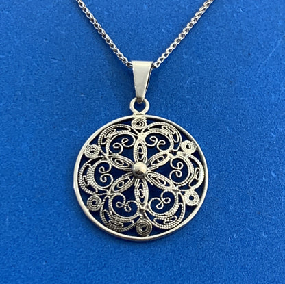 Vintage 835 Fine Silver Bead Scroll Floral Filigree Medallion Necklace