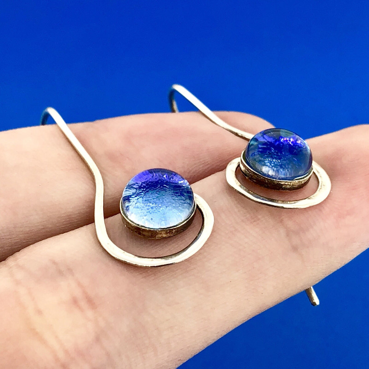 Artisan Sterling Silver 925 Azure Plastic Cabochon Modernist Slide Earrings