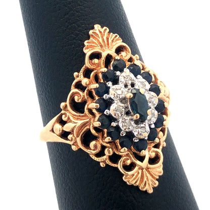 Designer 10K Yellow Gold Blue Sapphire Diamond Sapphire Accent Cocktail Ring