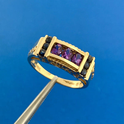 Designer THL 10K Yellow Gold Amethyst Sapphire Accented Bar Dome Ring