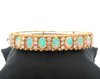 Vintage Jack Gutschneider 14k Yellow Gold Filigree Opal Diamond Cuff Bracelet