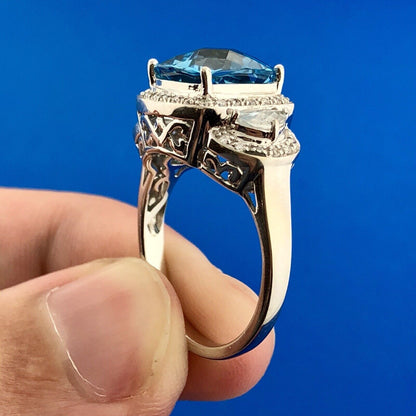 Stunning 14K White Gold Blue Topaz Diamond Aquamarine Accent Statement Ring