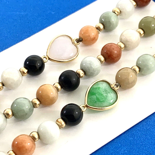 Estate 14K Yellow Gold Onyx Jade Coral Agate Jasper Bead Heart Station Necklace
