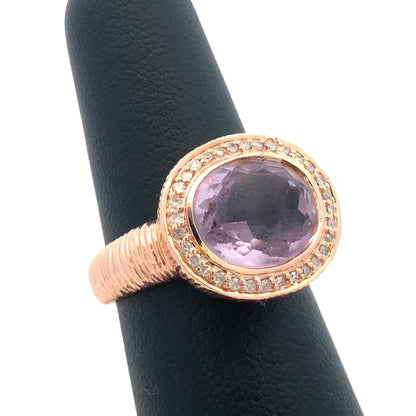 Designer 14K Rose Gold Oval Amethyst Diamond Halo Statement Size 7 Cocktail Ring