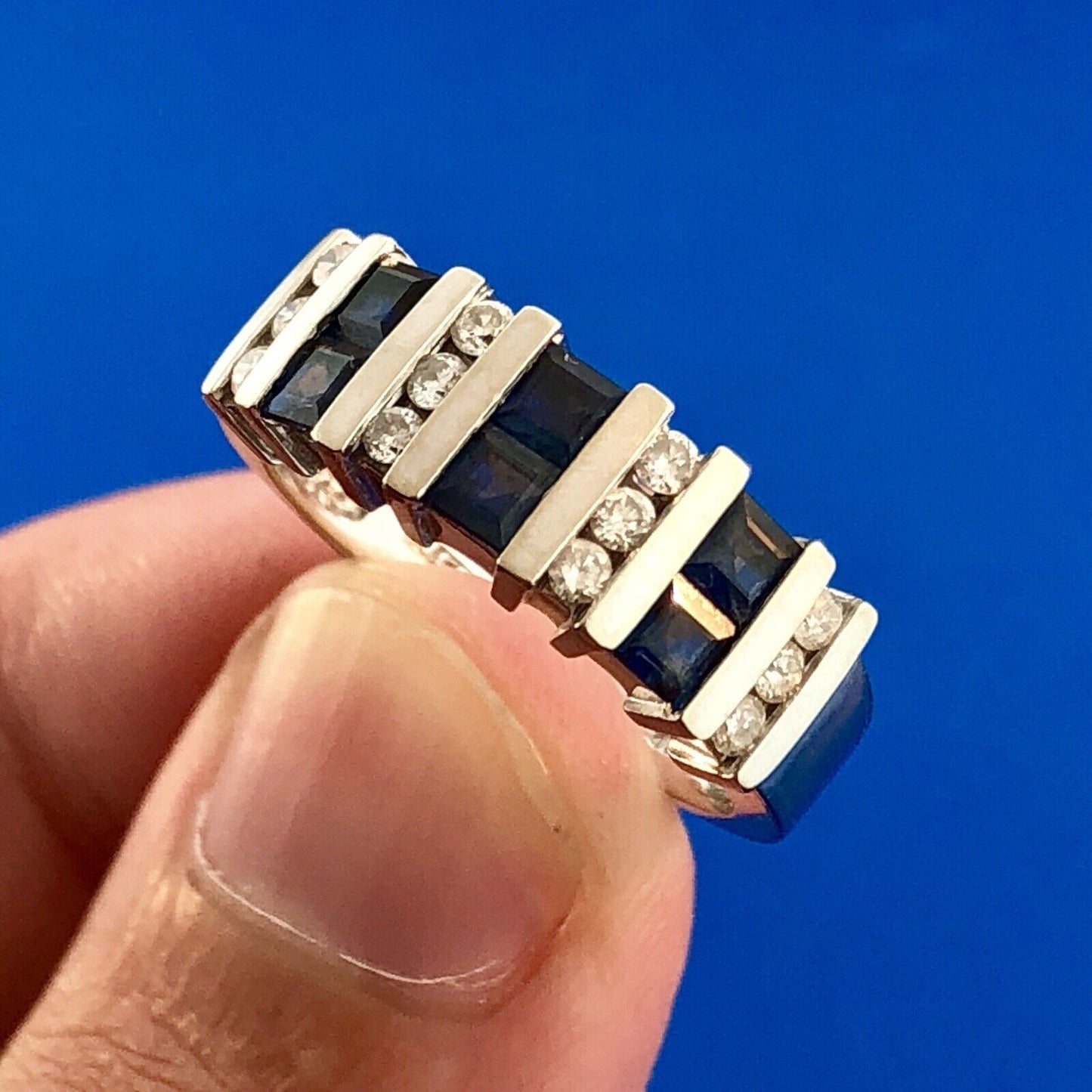 Retro Designer 14K White Gold Diamond Sapphire Channel Set Tapered Band Ring