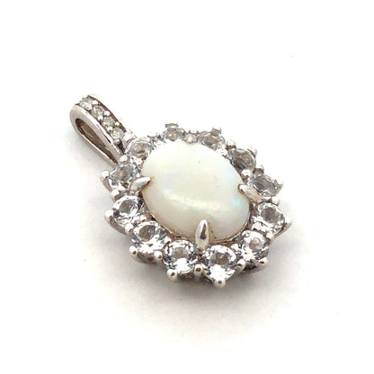 Designer CN 925 Sterling Silver Oval White Opal White Topaz Diamond Pendant