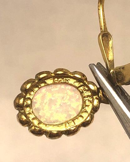 Estate 925 Sterling Silver Vermeil Oval Opal Cabochon Dangle Drop Earrings